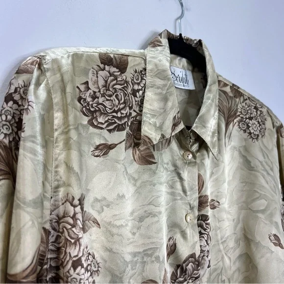 Vintage tan brown floral satin long sleeve top blouse - Picture 6 of 12